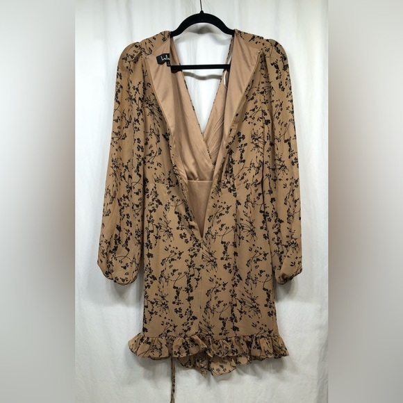 Lulus One True Love Taupe Floral Print Ruched Long Sleeve Mini Dress Small - Picture 5 of 16